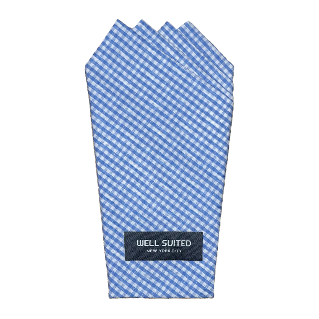 Gingham Blue Four Point Pocket Square-Pocket Square-Well Suited-Well Suited NYC